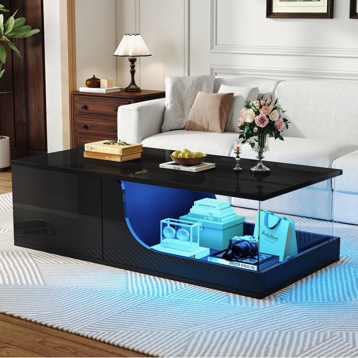 Table basse noire brillante avec 2 tiroirs verre trempé et LED