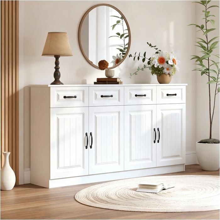 Buffet de Cuisine Armoire-160CM-Meuble de Rangement Cuisine - Buffet Salon - 4 Portes - 4 Tiroir - Étagères Réglables - Blanc