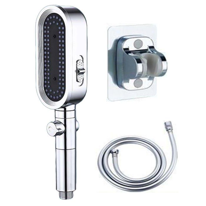 Pommeau de Douche Filtrant Haute Pression Douchette avec Tuyau 15 m et Support Sans Perçage Argenté Salle de Bain