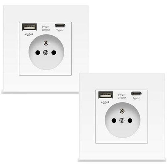 2 prise murale blanche avec USB et Type C prise de courant en verre 5v 2100mA