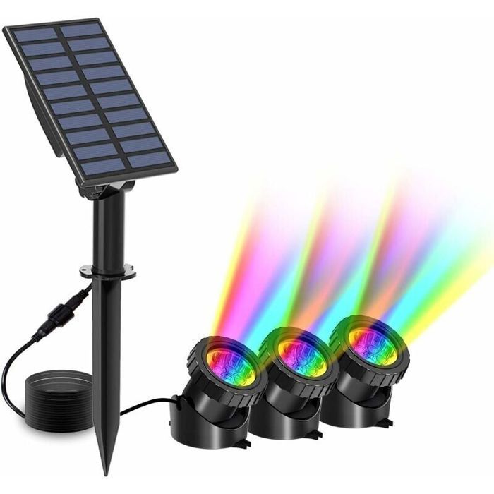 Lampe Solaire Sous-marines 3 packs Spots Solaire Éclairage Submersible avec 2 Modes RGB Changement Couleur IP68 Étanche Lumière