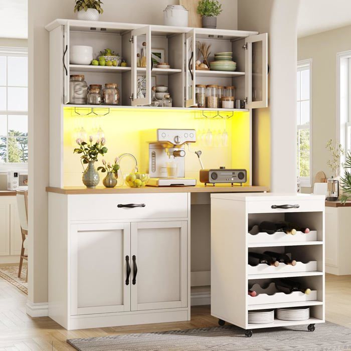 Buffet de Cuisine Blanche 140cm avec Chariot à roulettes - Armoire Haute LED avec Port USB - Garde- pour Salon et Salle à Manger