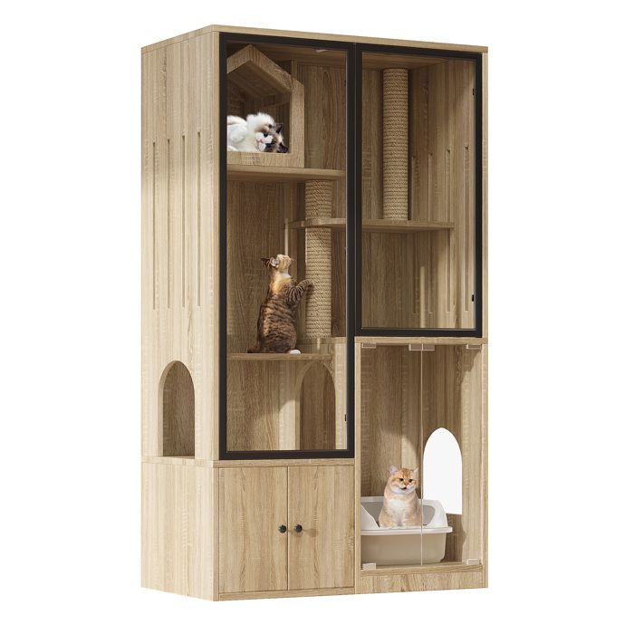 Enclos pour chats grand format 90x50x160cm maison hiver avec griffoir bois naturel