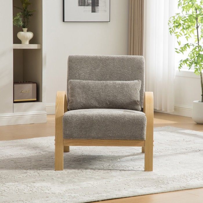 Fauteuil lounge scandinave gris tissu chenille doux structure bois robuste pour salon et chambre 70.5x82.5x80.5cm