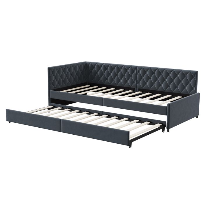 Lit simple 90x200 cm lit gigogne 2 places canapé lit sans matelas lit rembourré velours style minimaliste gris Lit simple 90x200 cm lit gigogne 2 places canapé lit sans matelas lit rembourré velours style minimaliste gris