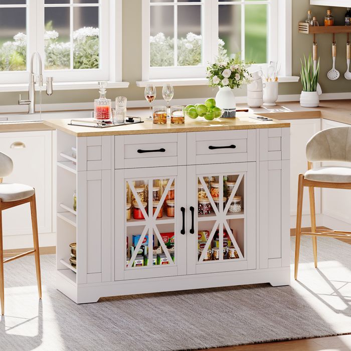 Desserte de cuisine 120x40-65x92 cm avec table pliante prises AC USB verre MDF blanc et naturel
