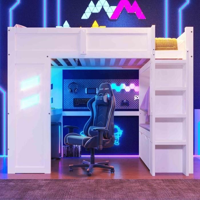 Lit mezzanine - KOMHTOM - Gaming 90x200 - Bureau intégré - LED & USB‑C - 2 tiroirs + penderie