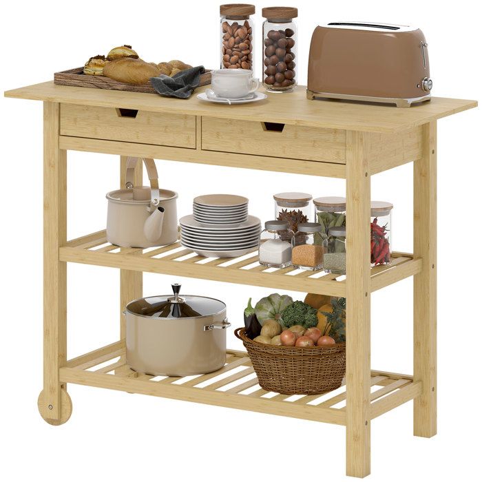 LIA Desserte cuisine roulettes bambou 2 tiroirs 2 étagères 100x43x75 cm naturel