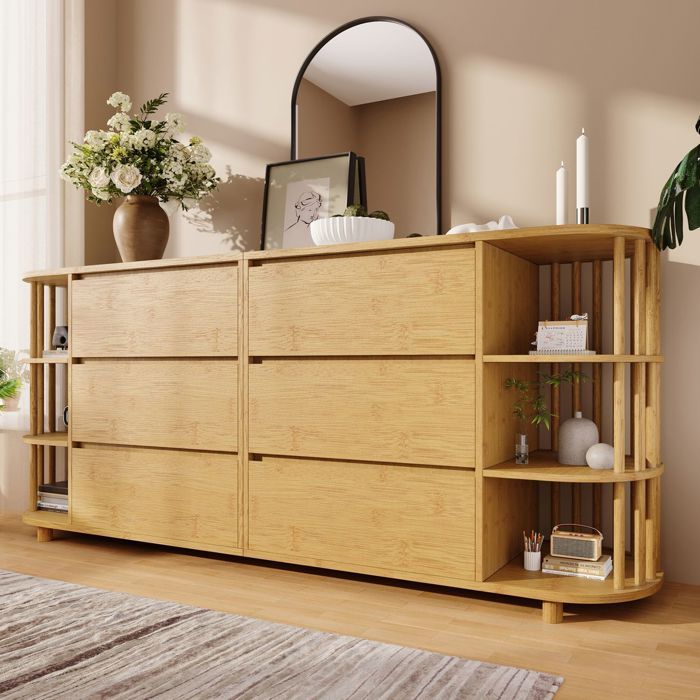 Commode - SOGEU - 160 cm - 6 tiroirs - MDF et bambou - Aspect chêne