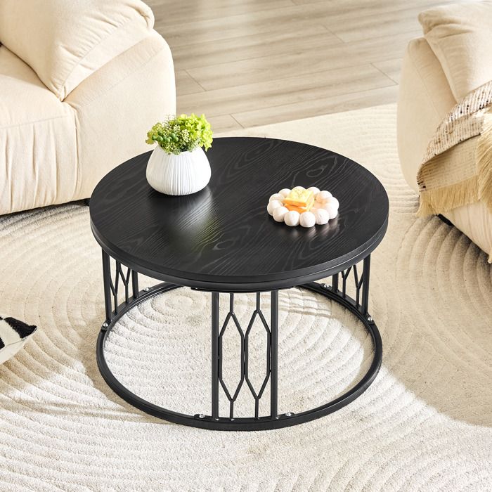 Table basse ronde - Plateau aspect bois - Cadre en métal géométrique - Diamètre 70 cm - Hauteur 405 cm