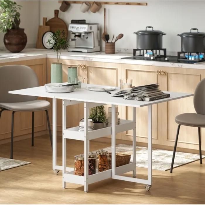 Table de Cuisine Pliante avec 2 Étagères Ouvertes 2 à 4 Personnes 133 4 × 80 × 75 cm Blanche blanc TABLE MURALE