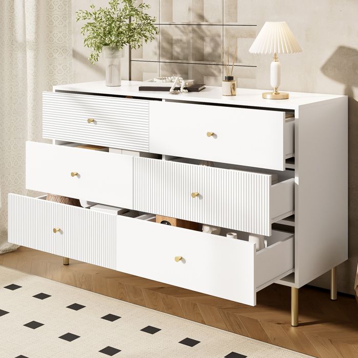 Commode 6 tiroirs blanche 120 x 40 x 78 cm en MDF avec poignées en alliage de zinc et pieds en acier
