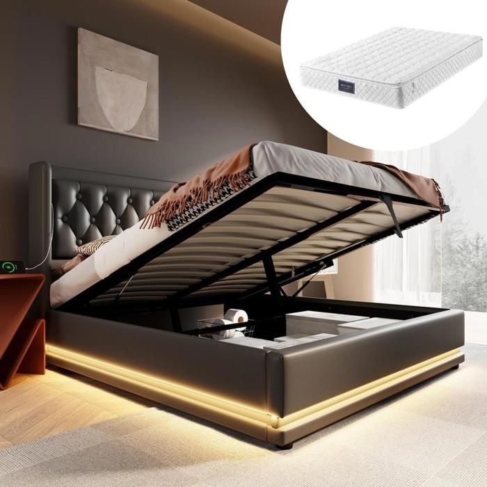 Lit double 160x200 cm - KOMHTOM - Lit coffre hydraulique LED 3 côtés USB C - Matelas 720 ressorts - Tête capitonnée - PU noir