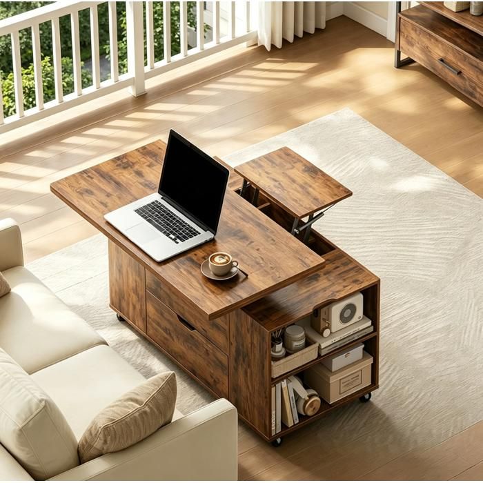WUVRIE Table basse relevable mobile 100 x 50 x 53 cm plateau extensible 1 tiroir roulettes verrouillables