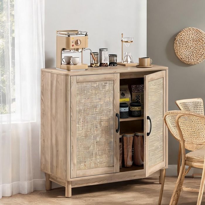 Buffet bohème en panneau de particules effet chêne 2 portes rotin 76 x 35 x 75 5 cm