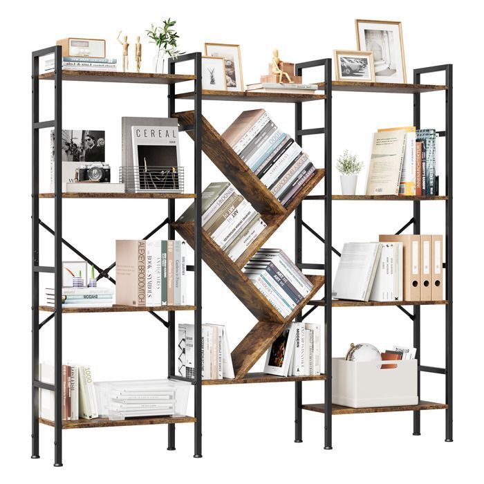 Bibliothèque industrielle 4 niveaux – Grande étagère ouverte –Rangement rustique pour salon chambre ou bureau –158×24×140cm –Marron