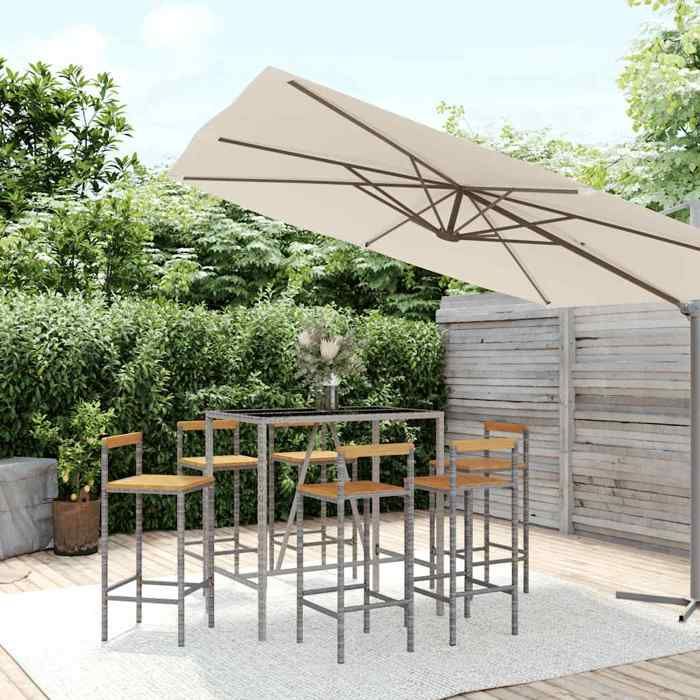 Gris Ensemble de bar jardin 7 pcs gris poly rotin/bois massif acacia - Meuble de balcon LV52313