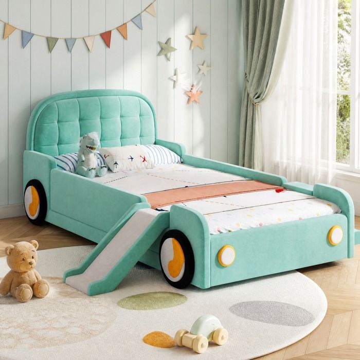 Lit enfant voiture rembourré bleu-vert 90 x 200 cm avec toboggan et escalier réversibles