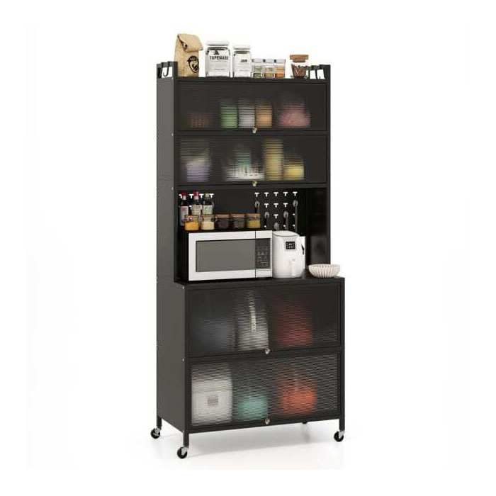 Rangement optimisé armoire de cuisine 6 niveaux avec portes translucides crochets et roulettes