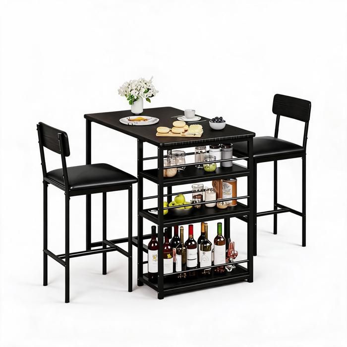 Ensemble table de bar 3 pièces pour 2 – Table haute + 2 chaises rembourrées PU – 3 étagères de rangement – Noir