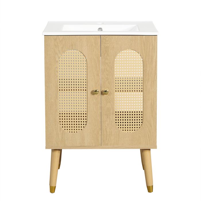 Meuble vasque salle de bain 61 cm effet bois naturel portes rotin étagères fixes rangement spacieux avec vasque céramique