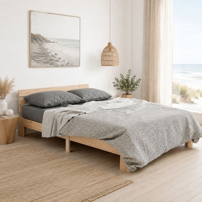 Lit double 140 x 200 cm en bois naturel avec tête de lit et sommier à lattes livré monté pour chambre adulte FOLYNA