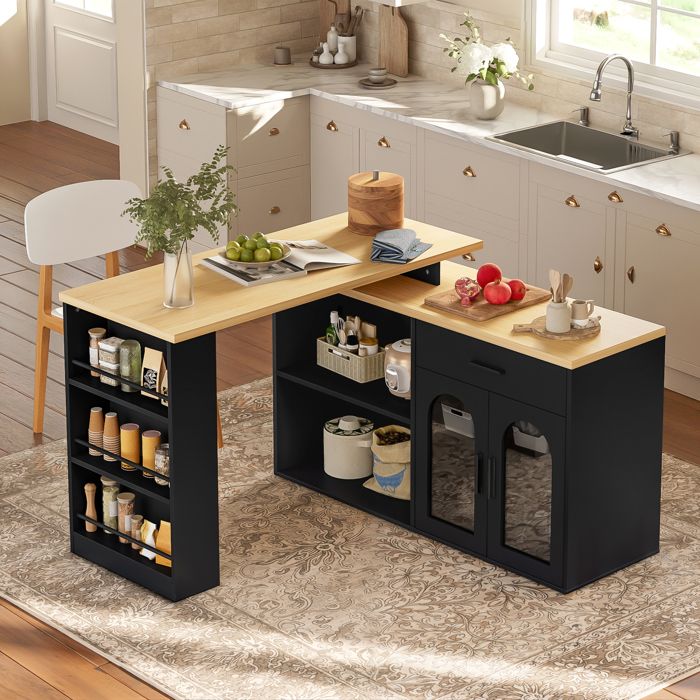 Zitty Îlot Central Noir Table de Bar Pivotante 360° Buffet de Cuisine avec Rangement Bureau en L 136x50x78cm MDF
