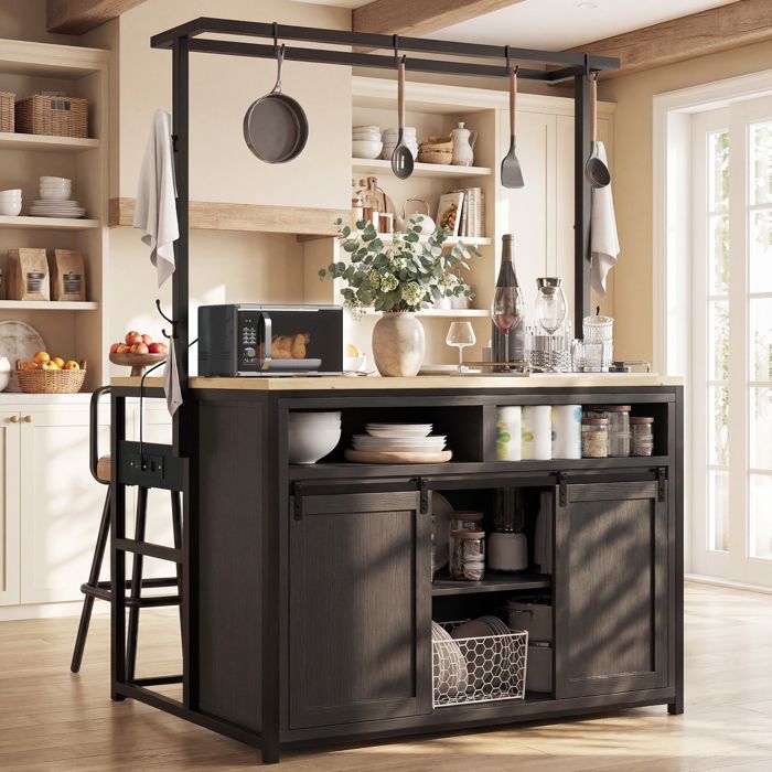 Zitty Îlot de Cuisine avec Prises Meuble Micro-Ondes Rangement 107x62x183cm Bois et Métal Noir