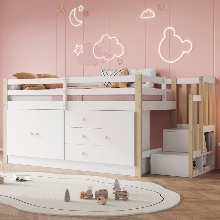 Lit mezzanine enfant blanc 90x200 avec escalier tiroirs et armoires de rangement pour chambre denfant sans matelas