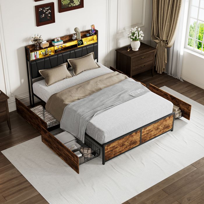 Lit Rembourré 140x200cm avec 4 Tiroirs Lit Double avec LED et USB Sommier à Lattes en Bois PU Noir + Marron