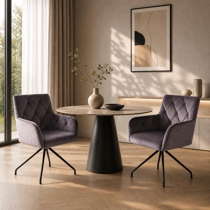 URTR Lot de 2 Chaise salle à manger - Fauteuil design diamant - Accoudoirs - Pieds métal - Soutien lombaire - Velours - Gris foncé