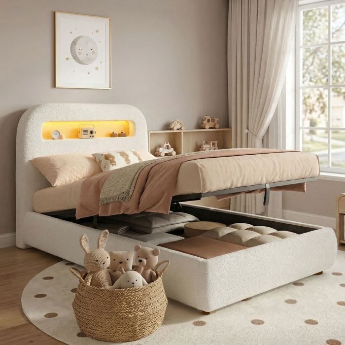 Lit 90x200 cm tissu bouclé blanc avec tête led coffre sommier inclus pieds bois massif