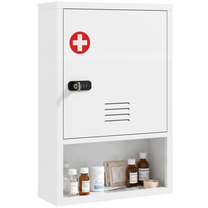 Armoire à pharmacie murale blanche 3 niveaux avec serrure à code et clé pour salle de bain