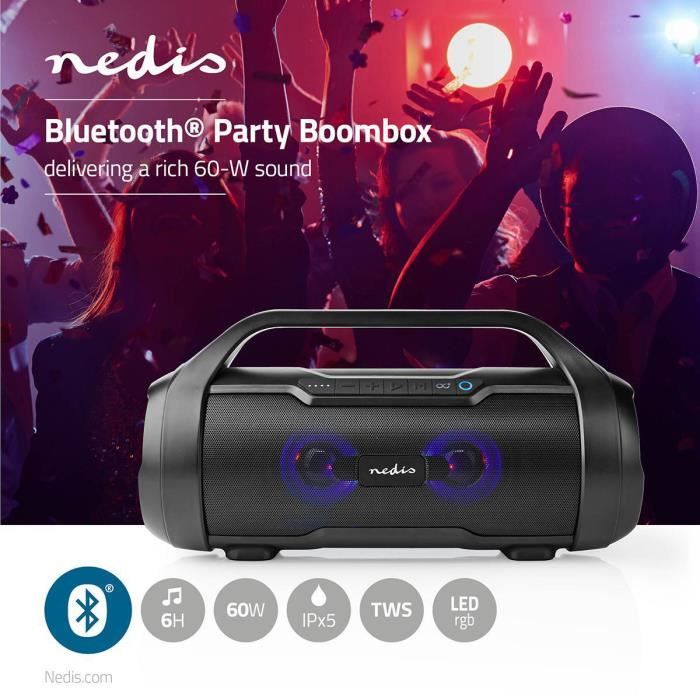 Enceinte Party Boombox Bluetooth Jusqu'à 6 heures 2.0 60 W Lecture multimédia: Micro SD / Onde sinusoïdale pure / USB IPX5 TWS