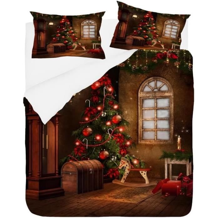 Housse De Couette Enfant Noël - Parure 240x260 Cm + 2 Taies - Motif Canne à Sucre Et Pain D'épices - Microfibre Douce