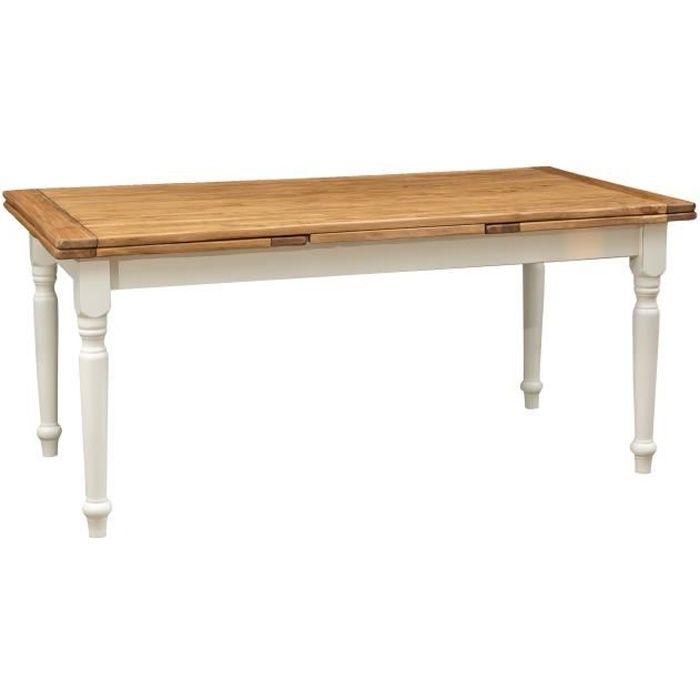 table à rallonge champêtre en bois massif de tilleul avec structure antique blanche et plateau en finition naturelle l180xpr90xh
