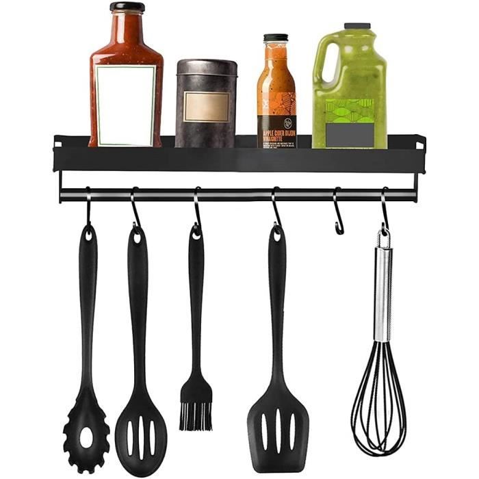 Etagère Épices Murale Sans Perçage 40 Cm Acier Inox 304 - Noire Avec Porte-Rouleau Et Crochets
