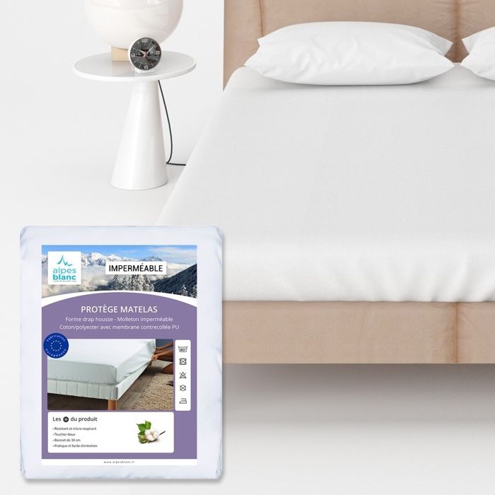 ALPES BLANC - Protège matelas imperméable 140x190 cm molleton coton/polyester forme drap housse micro-respirant bonnet 30 cm ALPES BLANC - Protège matelas imperméable 140x190 cm molleton coton/polyester forme drap housse micro-respirant bonnet 30 cm