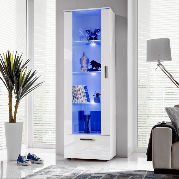 Vitrine Armoire Alessandria Komodee - LED bleues - Blanc Brillant et Blanc - Facades en Brillant - 60 x 192 x 42 cm Vitrine Armoire Alessandria Komodee - LED bleues - Blanc Brillant et Blanc - Facades en Brillant - 60 x 192 x 42 cm