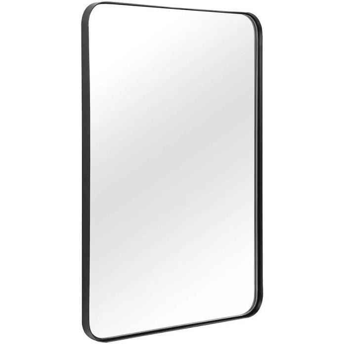 Cadre en Aluminium métallique Noir Rectangle Conception des Coins arrondis Suspension Horizontale Miroir de Maquillage Contemporain Miroir de Salle de Bain Miroir Mural