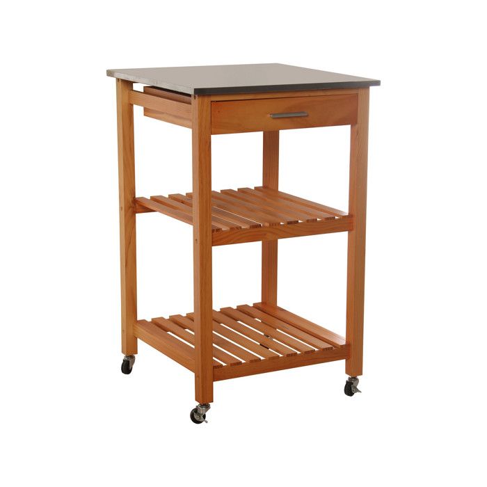 Desserte de Cuisine sur Roulettes en Bois Plateau Inox 1 Tiroir + 2 Étagères