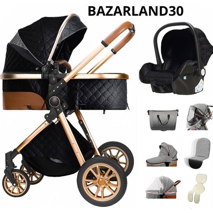 BAZARLAND30 Poussette 3 en 1 Bébé Combinée Siège-Auto Nacelle Trio Réversible Réglable Haute Qualité Roues increvables noir