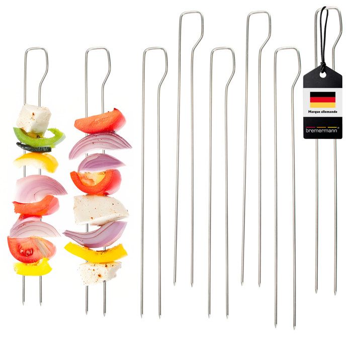 GALOZZOIT – Lot De 12 Brochettes Plates En Acier Inoxydable 40 Cm Avec Manche Bois + 2 Pinceaux à Marinade – Pour Barbecue, Kebab