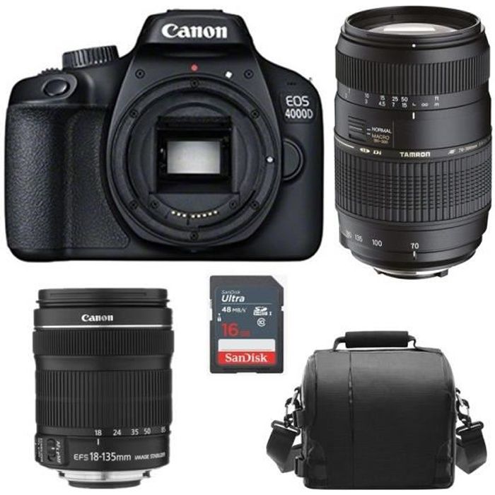 Kit appareil photo reflex CANON EOS 4000D EF-S 18-55MM F3.5-5.6 III + Tamron AF 70-300mm F4-5.6 Di LD Macro + SD32GB + Batterie LP-E