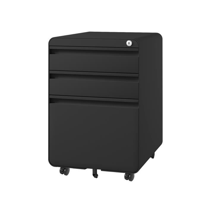 Caisson de Bureau à Roulette Dripex - 3 Tiroirs Rangement Dossier - Meuble Armoire de Bureau Noir