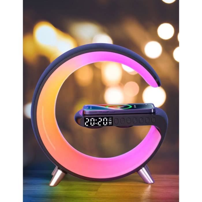HENGBIRD 15W Lampe de table intelligente Chargeur sans fil Lampe Led Réveil Lampe d'ambiance avec haut-parleur Bluetooth Feux de course éblouissants 13 Modes Lumières pour bureau Chambre Cadeau