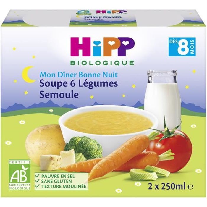 Hipp Biologique Mon Diner Bonne Nuit Briques Soupe 6 Legumes Semoule 2x250 Ml Des 12 Mois Achat Vente Legumes Cuisines Hipp Biologique Mon Diner Bonne Nuit Briques Soupe