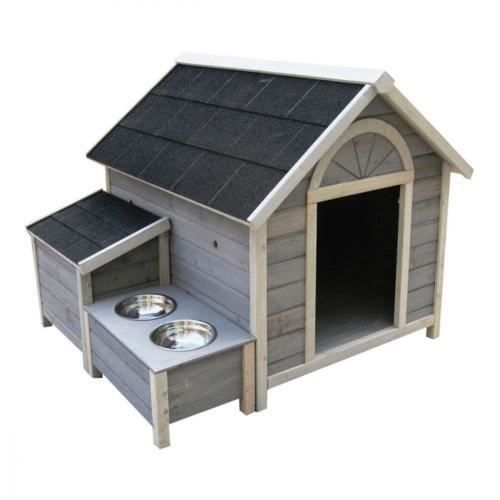 Niche Chien Ontario Grise En Bois Maxi 2 Gamelles Inox