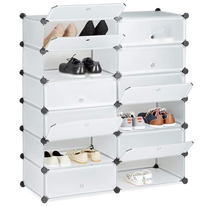 mengda meuble à chaussures avec 12 compartiments, étagère modulable en plastique, boîte à chaussures, avec porte, rangement, blanc
