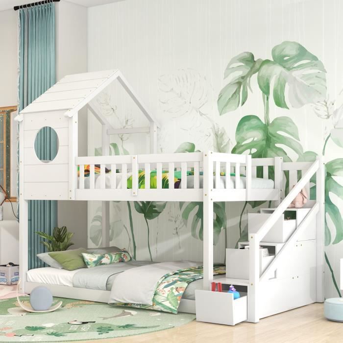Lit Superposé Blanc 80x160 Cm Avec Tiroir - Cadre En Pin Massif - Dimensions 168x86x141 Cm - Pour Chambre D'enfant - 10